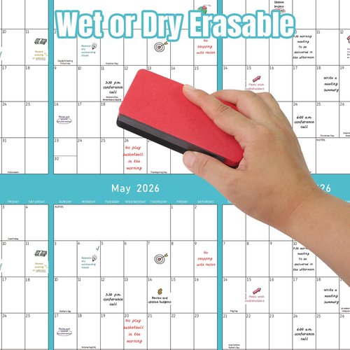 Laminated Erasable Calendar 2025-2026 - 17'' x 38'' Dry Erase Calendar for Wall, July 2025 - June 2026, Reversible, Double Sided, Horizontal/Vertical, Wall Calendar 2025-2026 Perfect for Home School Office