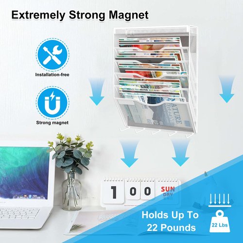 KZWKRG 6 Tier Magnetic File Holder with Hook, Magnetic File Organizer Folder Holder, Wall File Organizer, Hanging Magnetic Paper Holder for File Cabinets, Office, Whiteboard, Magnetic Mail Holder