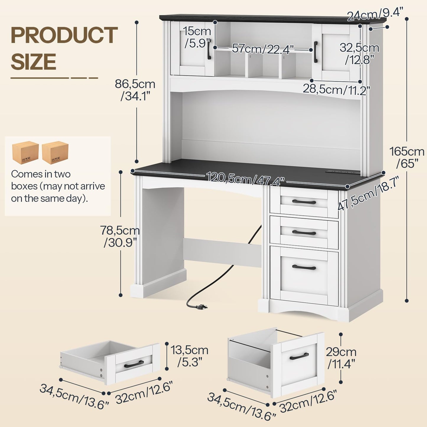 HOOBRO Farmhouse Computer Desk with Hutch and LED Light, 47.4" Large Home Writing Desk with File Drawer and Charging Station, Wooden Executive Desk for Home Office, Study, White and Black BW120UDDN01