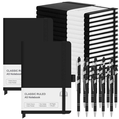Qeeenar 15 Pack Journal Notebook Bulk A5 Hardcover Notebook Classic Journal Set with Pen Holder with 15 Pcs Pens for School Business Work Travel Writing (Black)