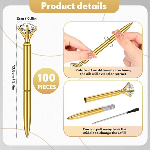 100 Pcs Diamond Pens Crystal Diamond Ballpoint Pen Fancy Cute Pens for Women Bling Metal Ballpoint Pen with Black Ink Office School Supplies, Wedding Bridal Shower Gift (Gold)