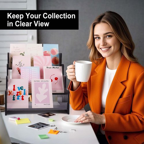 Kesiya Greeting Card Display Stand Holder, 4-Tiered Wooden/Acrylic Organizer Rack for Sticker,Postcard,Brochure,Photos,Picture& Stationery Vendors,Retail Stores (Black)