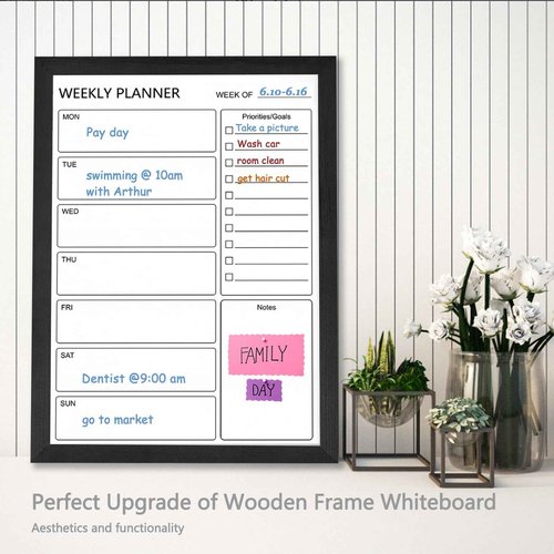 Dry Erase White Board Weekly Calendar Board, Magnetic Whiteboard for Wall,17.7“x23.6 Solid Wood Black Framed Message Board, Planner Board for Office, Home, School（Weekly-BB-BK-4560