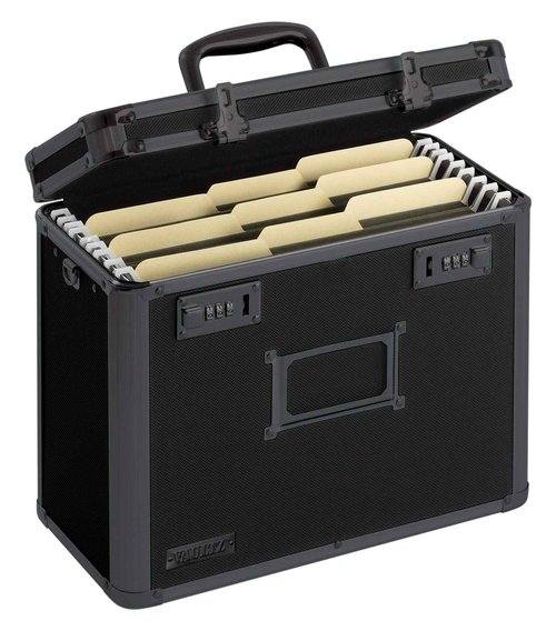 Vaultz File Organizer Storage Box - 14 x 7 x 12.19 Inch Letter Size, Portable Locking Storage Totes with Dual Combination Locks for Filing Office Documents - Super Tactical