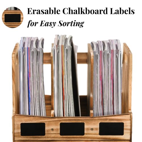 Eorbow Wooden Desk File Organizer, Desktop Document Folder Holder with 3 Compartments and 1 Drawer, Desk Organizer Binder Rack with Chalkboard Label, Magazine Storage Box Mail Sorter for Office Home