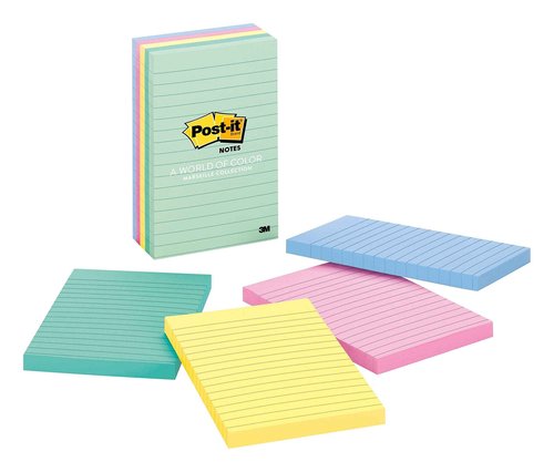 Post-it Notes, 4 in x 6 in, 5 Pads, America's #1 Favorite Sticky Notes, Marseille Collection, Pastel Colors (Pink, Mint, Yellow), Recyclable (660-5PK-AST) - Pack of 8
