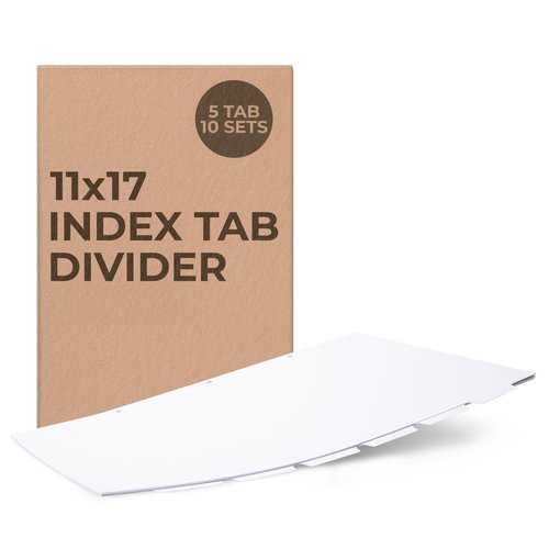 11x17 Binder Dividers with Tabs - 50pc White 5 Tabbed Inserts, Thick Card with 3 Pre-Punched Holes. Folder Index Dividers for Large Format Tabloid, Ledger Documents. Landscape, Horizontal Orientation