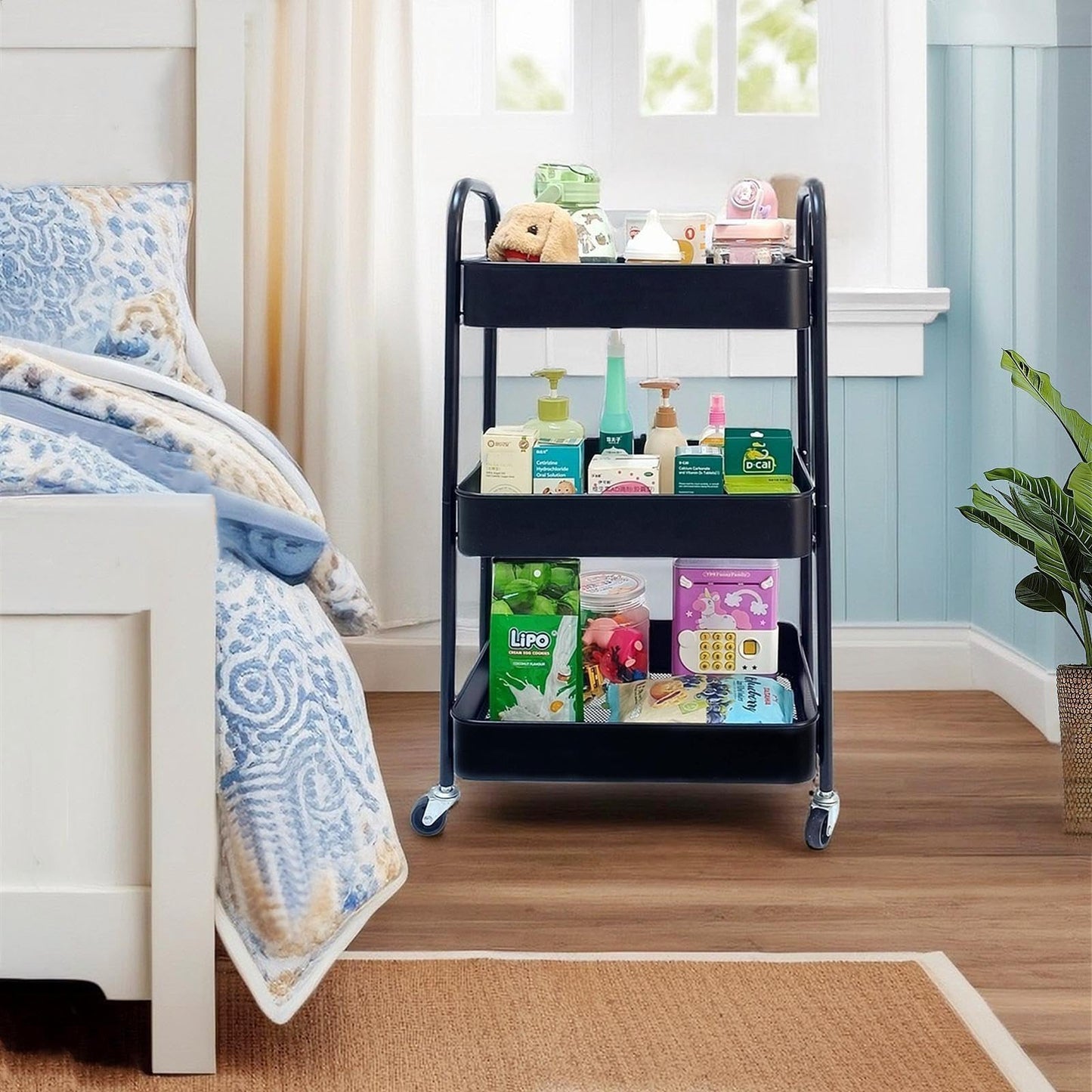 SETTFRFE 3-Tier Metal Rolling Storage Cart, Black
