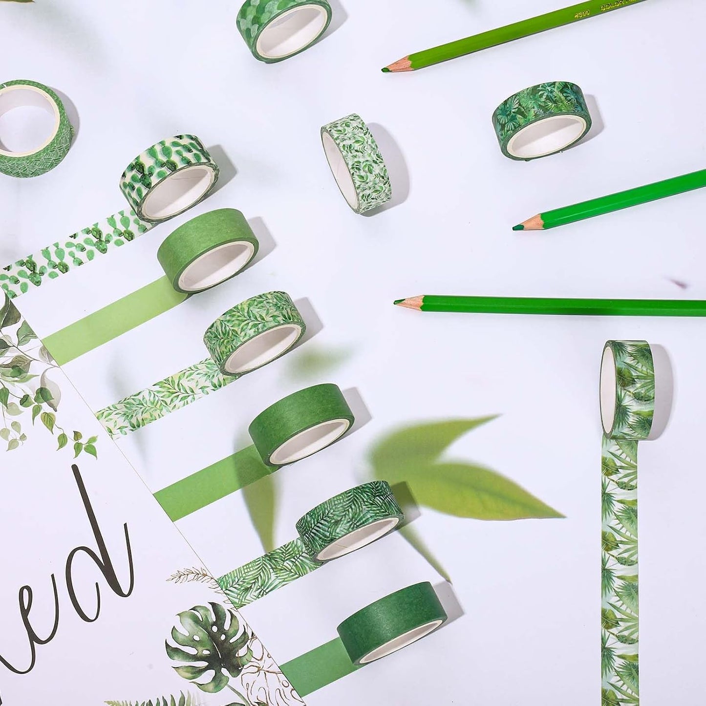 Whaline Washi Tape Set - 12 Rolls of Green Leaves & Assorted Plant Designs for Scrapbooking & DIY Crafts