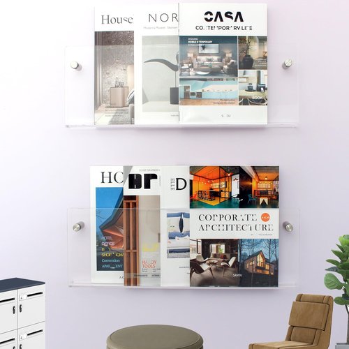 XOHYW 2 Pack Clear Acrylic Magazine Holder, Wall Mount Hanging Bookshelf Literature Storage Rack, Brochure File Display Shelf for Waiting Room, Living Room, Office, Home