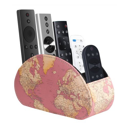 LINKWELL Remote Control Holder for Table, PU Leather TV Controller Holder with 5 Compartments for Cosmetics Office Supplies, Gifts for Women Boysfriend, Modern Pink World Map PH70