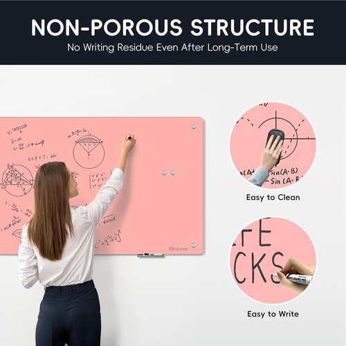 Magnetic Glass Whiteboard - 48"x36" Frameless Dry Erase Board for Office, School & Home - Pink