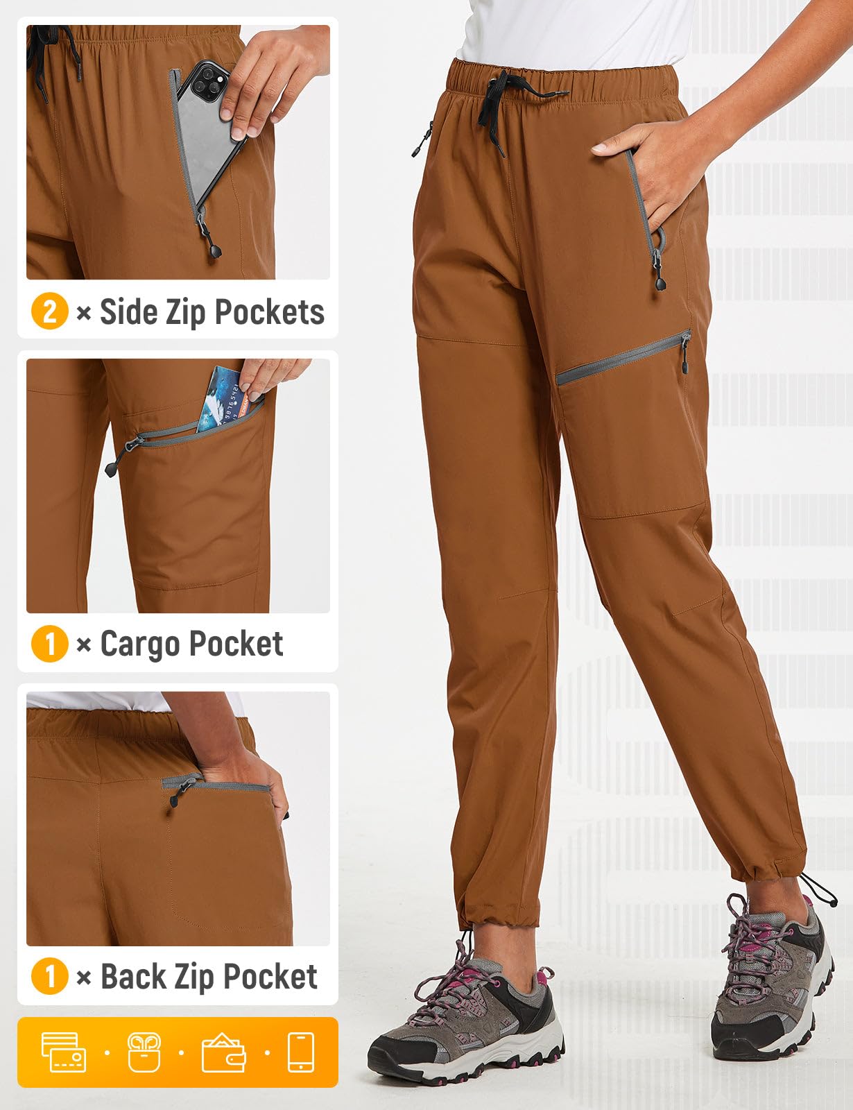 baleaf Travel Pants Women Hiking Long Tall Lightweight Quick Dry Water Resistant Cargo Pants 31'' Trip 31''-Caramel 2XL