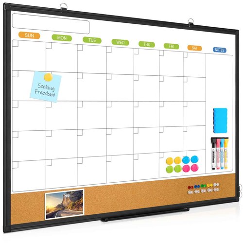 Dry Erase Calendar Whiteboard for Wall, WALGLASS 36" x 24" Double-Sided Monthly Calendar White Board Cork Combo, Black Aluminum Frame Hanging Wall Mounted Bulletin Corkboards for Home, Office, School