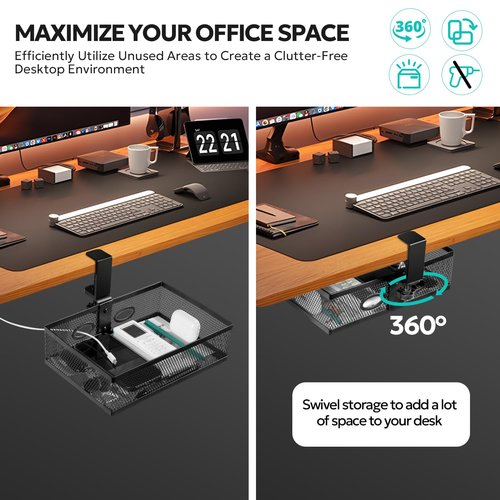 Pulchrum Under Desk Storage Organizer, Clamp-on Swivel Alloy Steel Drawer Hidden Desktop Drawer Basket, Desk Mount Tray Easy to Install/Firmly Clamped/High capacity/Suitable for Multiple Scenes