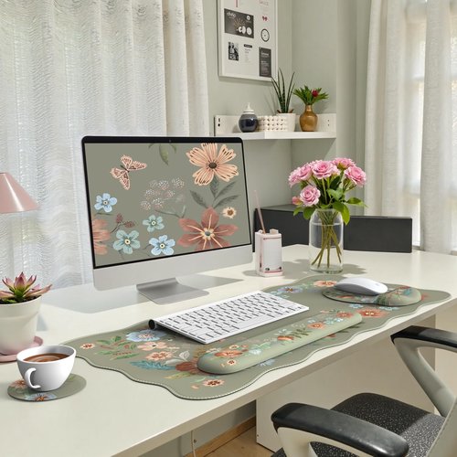 iLeadon Mouse Pad Set and Keyboard Wrist Rest, Non-Slip Desk Pad Mat for Keyboard and Mouse, Floral Desk Mat Cute Wave Design, Computer Wrist Rest for Women Office Desk (Green)