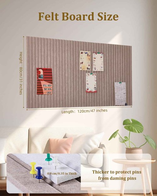 Rokeblau 48x32 inches Large Bulletin Board, Decorative Felt Pin Board, 0.35“ Thick Foldable Photo Display Board with Self-Adhesive Tape, Vision Board for School Home Kitchen Office Walls - Dark Camel
