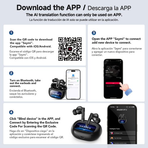 NAGFAK ERAZER XP12 Translation Earbuds Real Time, 3-in-1 Translator Earbuds in 135 Languages & Accents with APP Bluetooth 5.6 Translation Device for Travel Business Learning