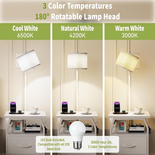Runjuly Floor Lamp with Table - 3-Color Temperature Bulb & 2 Drawers | Stylish Side Table for Bedroom & Dorm - White