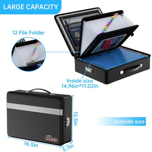 JHSafer Fireproof Document Box with lock, File Organizer with Fireproof Zipper, Hard Shell Fireproof & Waterproof Storage box, Portable Safe for Home, Important Documents, Laptop, Black