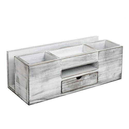 Liry Products Whitewashed Wooden Desktop Organizer Multiple Compartments Rack Shelf Drawer Tabletop Wood Storage Cabinet Office Supplies Caddy Document Stationery Holder Accessory Sorter Vanity Home