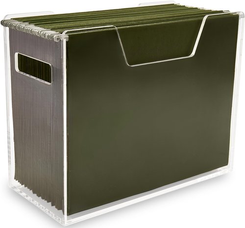 Meicloud Acrylic File Holder - Clear Hanging File Organizer Box, Modern Acrylic File Folder Organizer, Lucite Hanging File Crate Bin with handles, Transparent Desktop File Folder Box for Letter Size