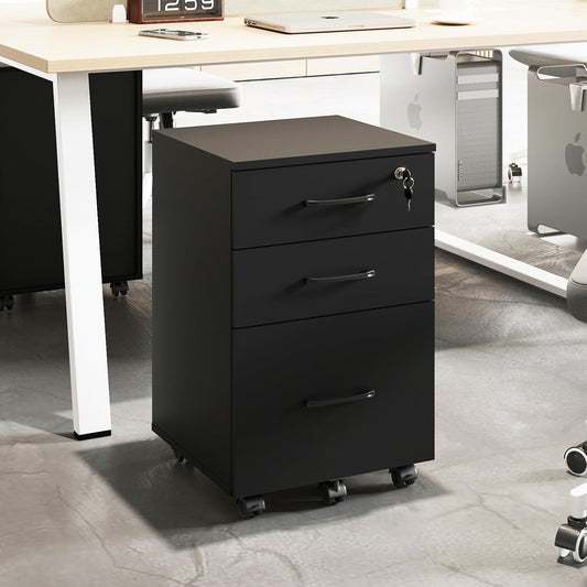 Skiennix File Cabinet - 3 Drawer Rolling Wood Storage with Lock for Home Office - Black, Fits Letter/A4 Size