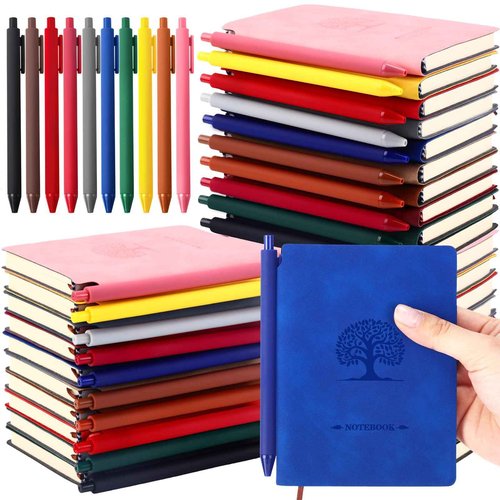 Jetec 30 Sets Notebooks Journals and Pens Bulk,4 x 5.8 Inch Small Leather Notepads A6 Pocket Notebooks with Pen Holder for School Business Work Writing Gift, 200 Pages(Assorted Color,Tree)