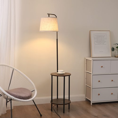 DEWENWILS Floor Lamp with Table Attached, Farmhouse Narrow Nightstand, Wooden End Side Table Floor Lamp, Adjustable Reading Lamp for Bedroom, Living Room, Office, Kids Room