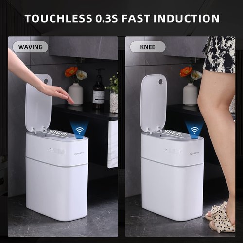MOPALL Small Bathroom Trash Cans with Lids,Motion Sensor Bathroom Trash Can,Narrow Waterproof Plastic 3.5 Gallon Automatic Adsorption Touchless Garbage Can,White