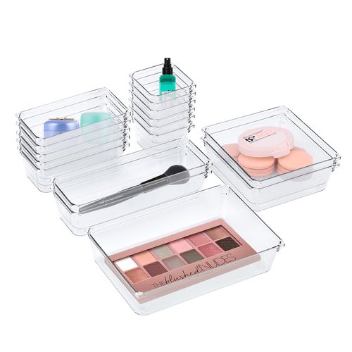 Clear Plastic Drawer Organizers Set - 16pack 5 Size Versatile Organizer Trays & storage Bins,Desk Drawer Organizer Trays,Organizers and Storage Bins for Makeup,Jewelry,Kitchen Utensils,Bathroom,Office