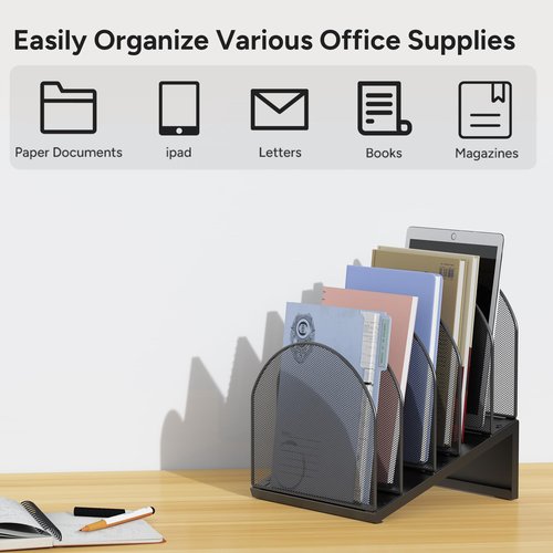 OUTIOE 5-Section Desk File Organizer, Metal Mesh Folder Organizer for Documents, Mail & Office Papers (Black)