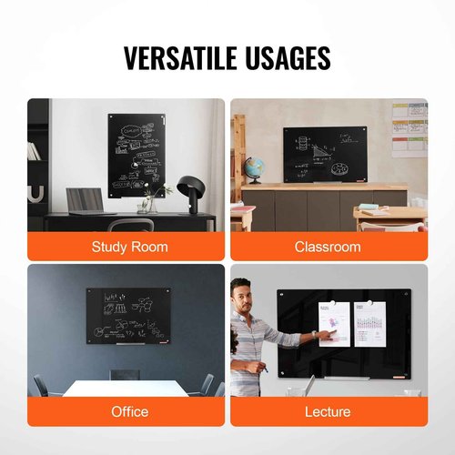 VEVOR Magnetic Glass Whiteboard, Dry Erase Board 36"x24", Wall-Mounted Large White Glassboard Frameless, with Marker Tray, an Eraser and 2 Markers, Black