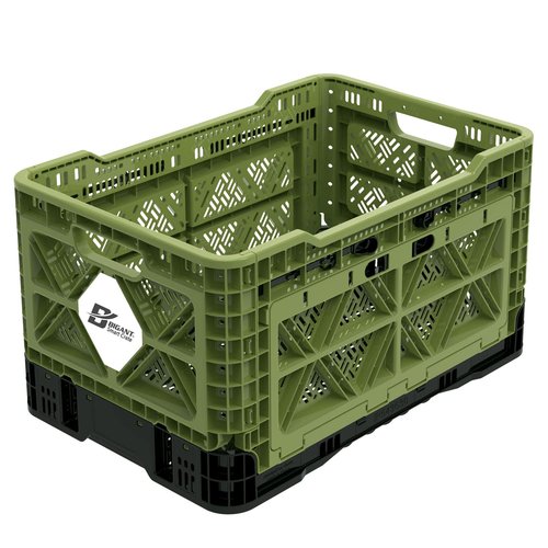Bigant Heavy Duty Collapsible & Stackable Plastic Milk Crate-Medium Size, Olive, Stackable Open Front Organizer, Set of 1, Snap Lock Foldable Industrial Garage Storage Bin Container Utility Basket