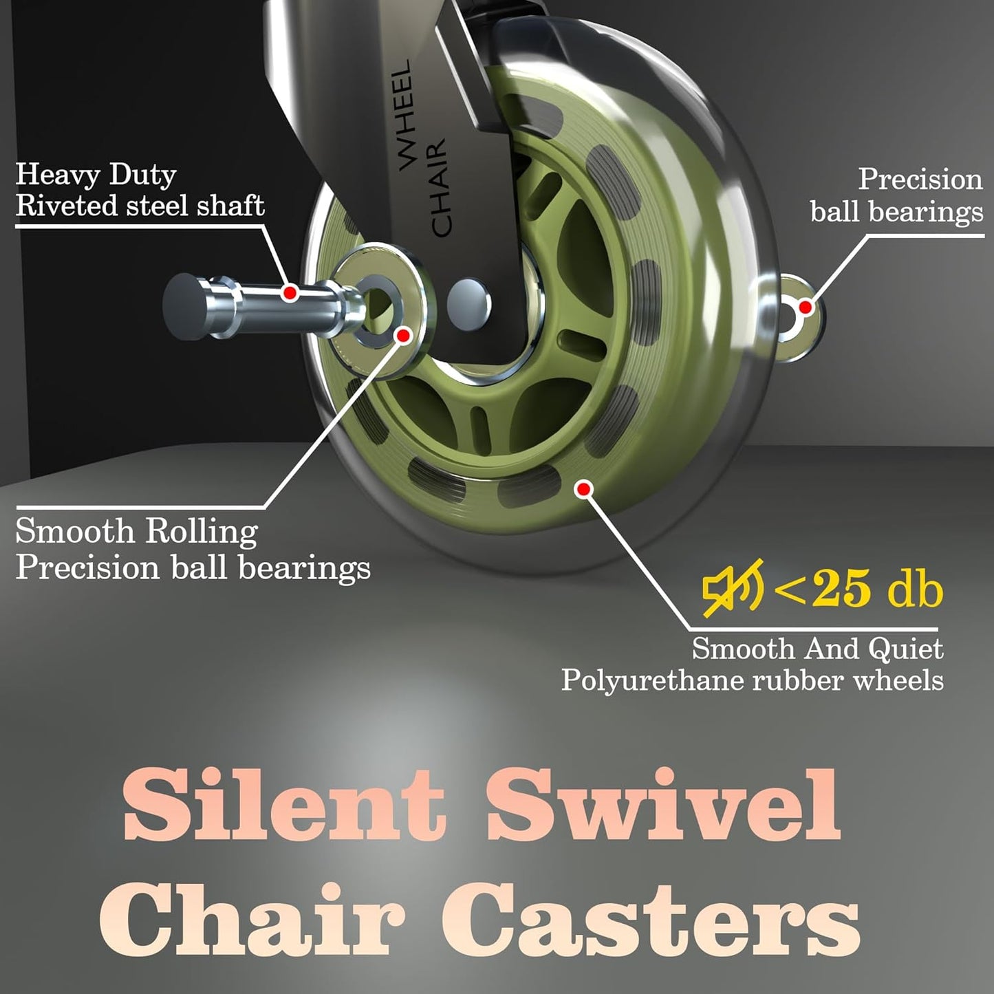 Skiennix Office Chair Wheels - 3" Rubber Casters with 7/16" Stem | Universal Fit for Rolling Chairs - Set of 5 (Green)