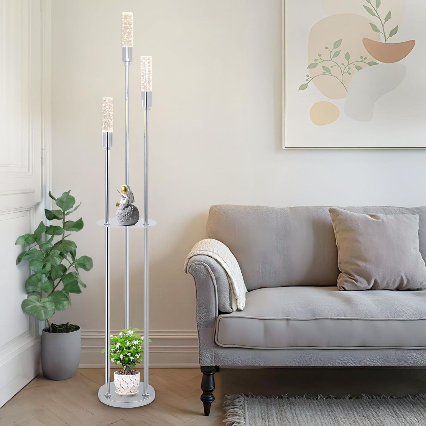 Stepeak Bubble Crystal Floor Lamp with Shelves, 3 Lights Modern Standing Lamps for Living Room, Built-in LED Lights, Foot Switch, Industrial Tall Corner Floor Lamp for Bedroom Home Office, Silver