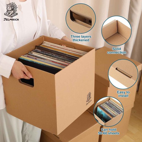 Jelmaica 12" Vinyl Record Storage and Moving Box - Sturdy Cardboard with Removable Lid - Holds up to 60 Records or Laser Discs - Set of 2 Boxes (2) (2)