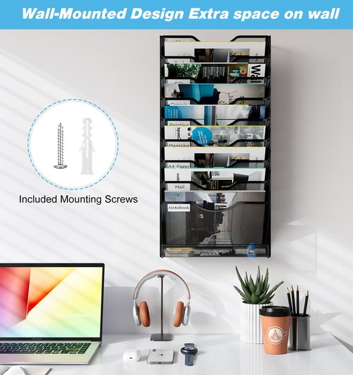 Solinxe 10 Tier Wall File Organizer, Vertical Mesh Paper Mail Organizer Wall Mounted Magazine Rack, Metal Clipboard Storage for Office, Home, Classroom, Black