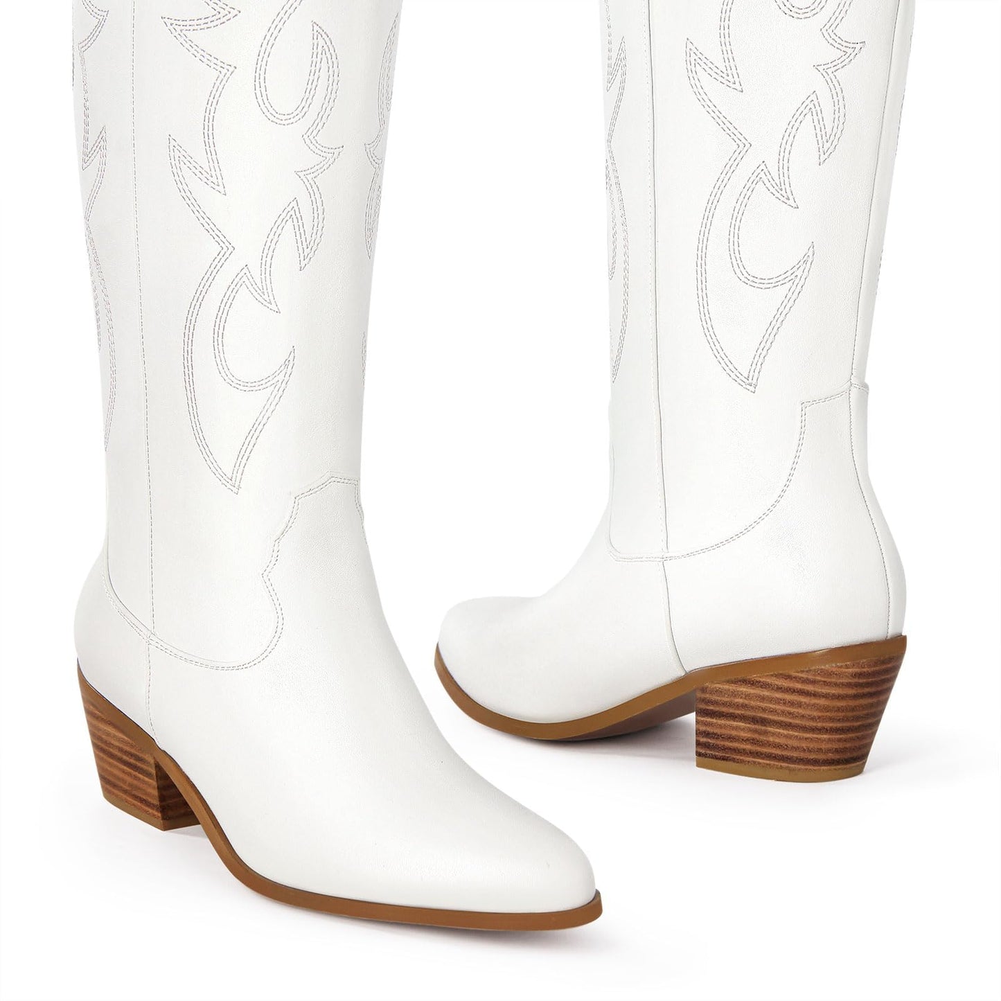 Ouepiano White Cowgirl Boots Women Cowboy Knee High Tall Boots Chunky Heel Pointed Toe Pull-On Western Wide Calf Boats Country Fashion (White, Size 8)