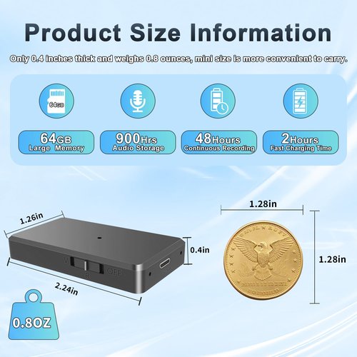 Voice Recorder - 64GB Mini Voice Recorder - Noise Cancellation Voice Activated Functionality, Rechargeable Audio Recorder with Earphone, Portable USB-C Recording Device for Work, Meetings, Interview
