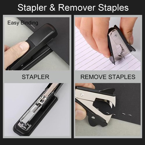 Black Office Supplies Set, Black Desk Organizer and Accessories 10pcs with 360°Pen Holder,Stapler and Tape Dispenser Set, Remover, Staples, Clips, Scissor,Sticky Notes and Pen for Women,Students