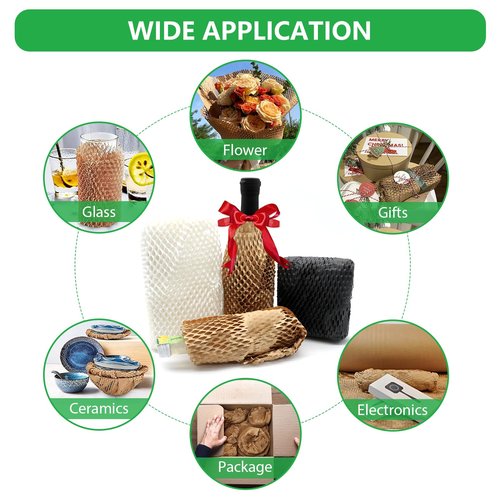 Honeycomb Packing Paper PINENUTS 15" x 131' Eco Friendly Packing Paper for Moving Recyclable Honeycomb Paper Bubble Paper Wrapping with 30 Fragile Sticker Labels and 66fthemp rope (White)