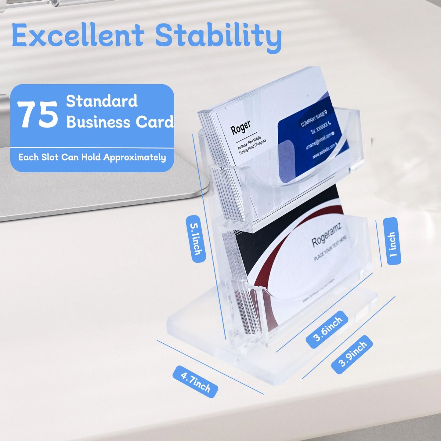 rogeramz Acrylic Business Card Holder 2-Tier for Desk - Office & Exhibition Clear Business Card Display Stand, Business Card Organizer with 2 Slots, Holds Up to 130 Cards