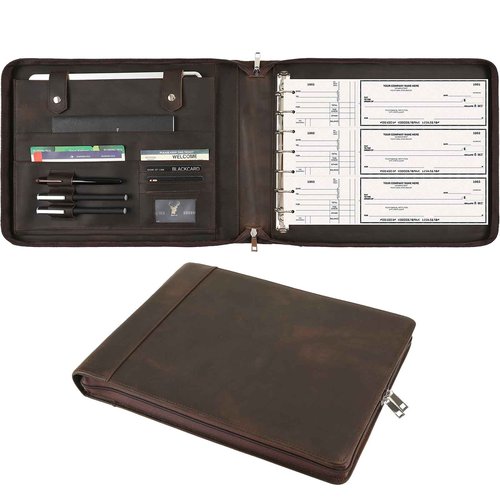 GZRHKJ 7 Ring Business Checkbook Binder, Genuine Leather Zipper Check Binder, 600 Checks Capacity for 9 x 13 Inch Sheet, Personalized Engraved