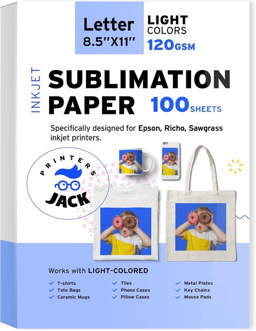 Printers Jack Sublimation Paper - 8.5 x 11 Inches, 100 Sheets, 120gsm for Epson & Sawgrass Printers | Ideal for T-Shirts & Mugs