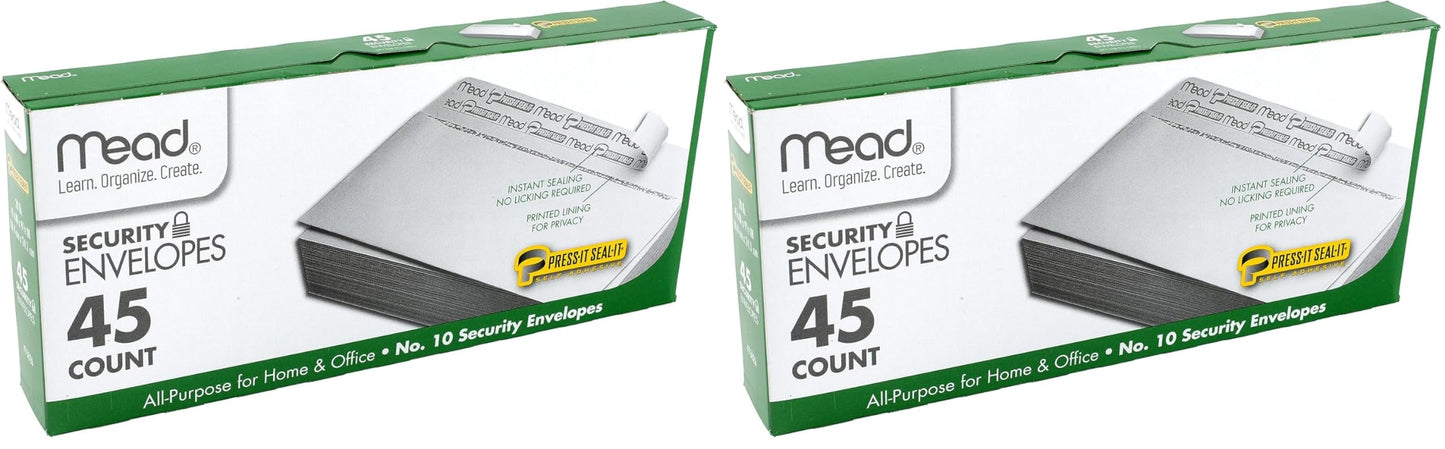 Mead #10 Envelopes, Security Printed Lining for Privacy, Press-It Seal-It Self Adhesive Closure, All-Purpose 20-lb Paper, 4-1/8" x 9-1/2", White, 45 per Box (75026) - Pack of 2