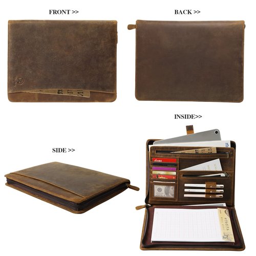 Ringsun Genuine Leather Portfolio with Zipper for Men Women, Padfolio Business Resume A4/Pad, Folder Organizer, Brown, RS01