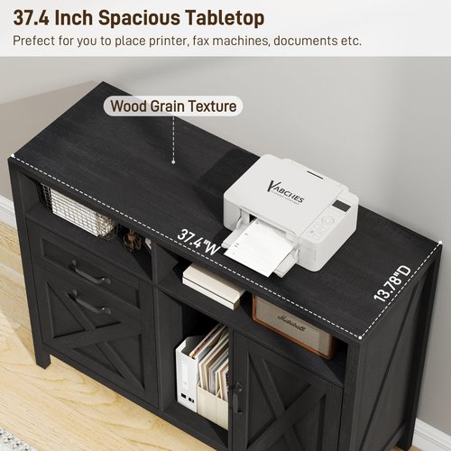 Lateral File Cabinet, Farmhouse 2 Drawer File Cabinet with Open Storage Shelf for Letter/Legal/A4 Size Hanging Files, Large Wood File Storage Cabinets Printer Stand for Home Office, Black