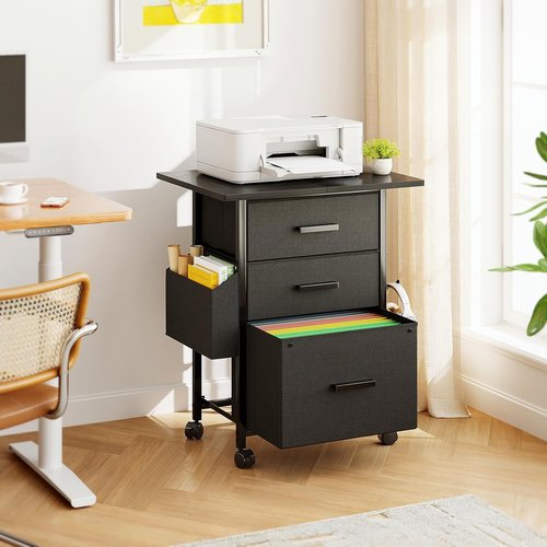 Mexin 3 Drawer File Cabinet - Mobile Printer Stand with 24'' Extended Desktop | Black, A4 Size, Home Office