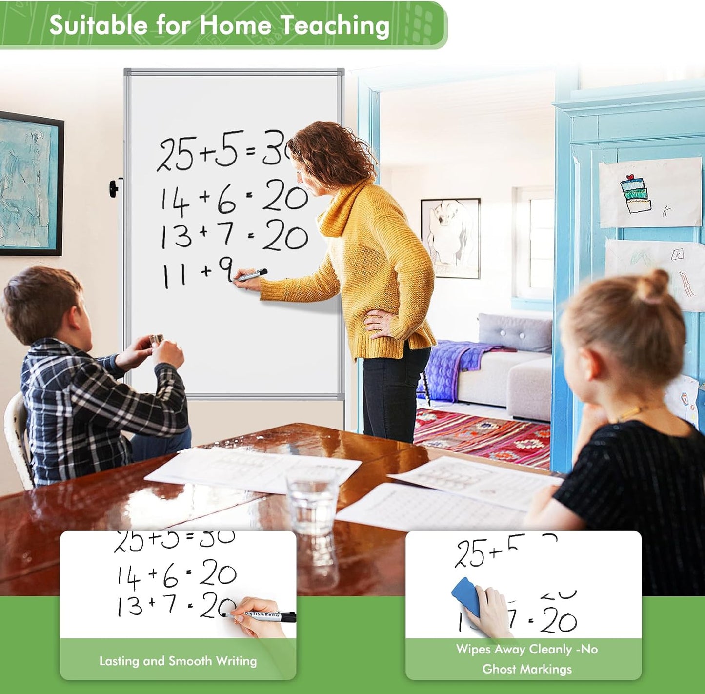 Skiennix Mobile Whiteboard - Double-Sided Magnetic Dry Erase Board on Wheels, 32x48 Inches